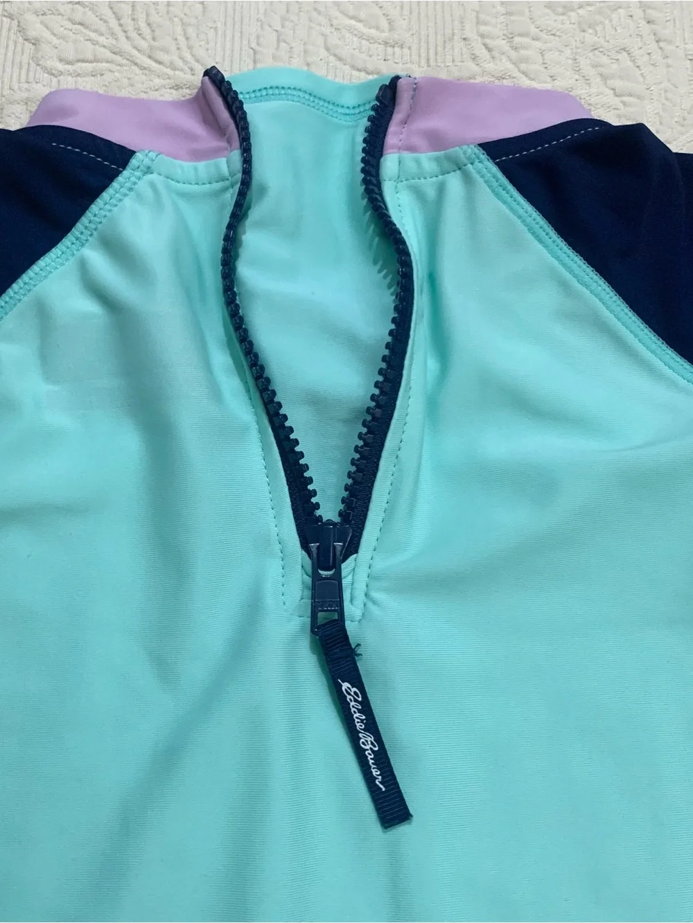 Eddie Bauer Teal Blue Color Block Back Zipper Short Sleeve Rashguard Shirt